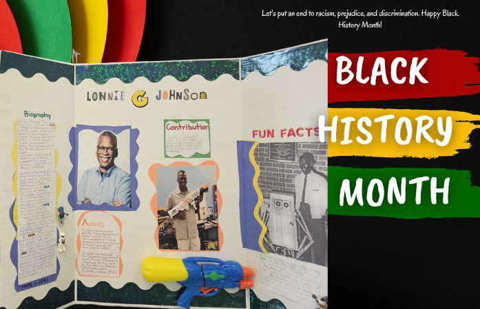  A art board giving information on a black man named Lonnie Johnson who in invented the super soaker
